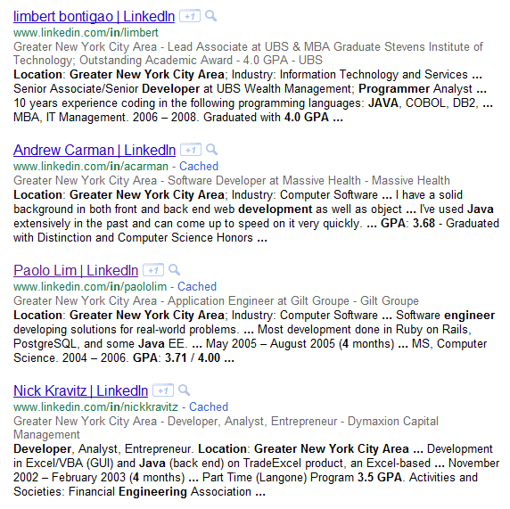Google X-Ray search of LinkedIn for top student software engineers in New York that mention a GPA