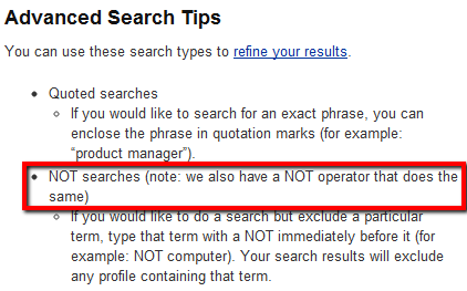 LinkedIn NOT Operator documentation on LinkedIn's learning site