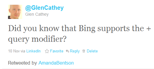 My Twitter update asking sourcers and recruiters if they knew that Bing supports the +/Plus sign in searches