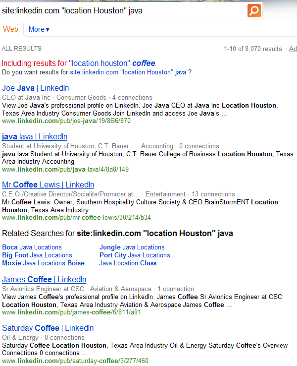 Bing results of a basic X-Ray search of LinkedIn: site:linkedin.com "location Houston" java
