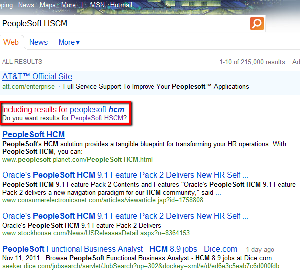 Bing search results that included results for what it thought I might be looking for, returning results with words I did not search for