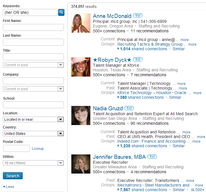 Here is a simple yet effective diversity sourcing search string targeting LinkedIn profiles that mention "her" or "she" - which can be found in recommendations and in summaries.