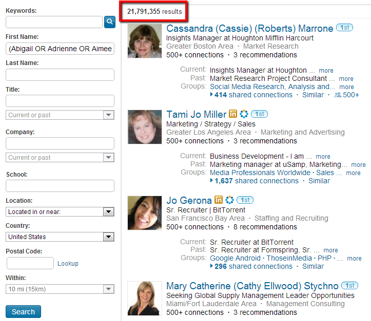 Diversity sourcing Boolean search string for LinkedIn using the first name field and searching for over 300 of the most common female first names