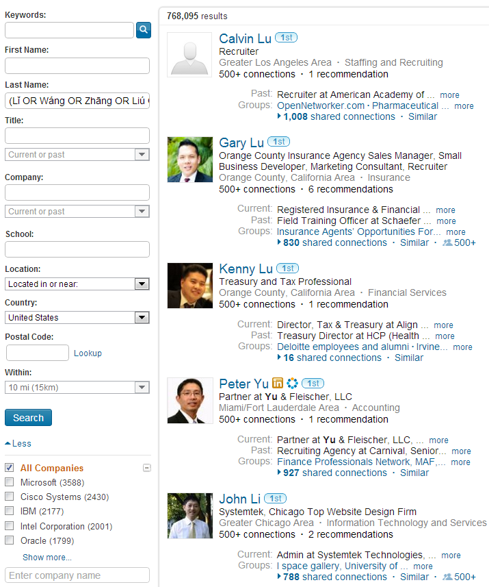 Diversity sourcing Boolean search string demonstrating the use of surnames/last names on LinkedIn. In this case, I chose the top 100 Chinese surnames.