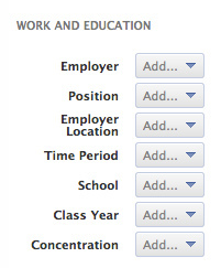Facebook's Graph Search options of special interest to sourcers and recruiters: Employer, Position, Employer Location, Time Period, School, Class Year, Concentration